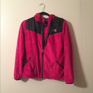 Pink fuzzy north face jacket with hood!
